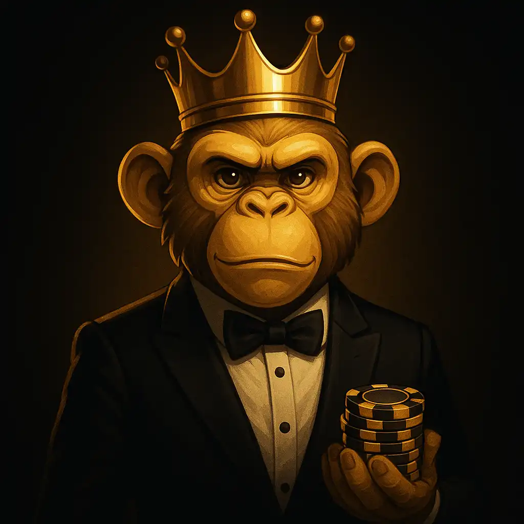 MonkeyZinoo golden monkey mascot in a tuxedo holding poker chips
