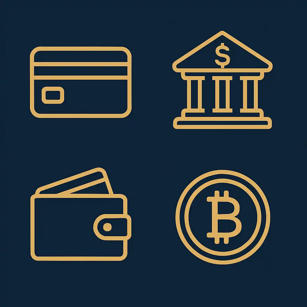 Icons of card, bank transfer, e-wallet and crypto payment methods
