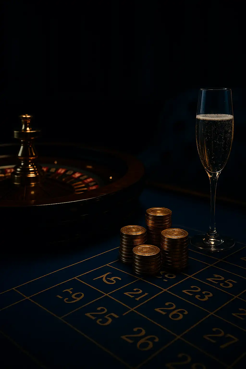 VIP casino lounge table with roulette wheel, golden chips and champagne glass