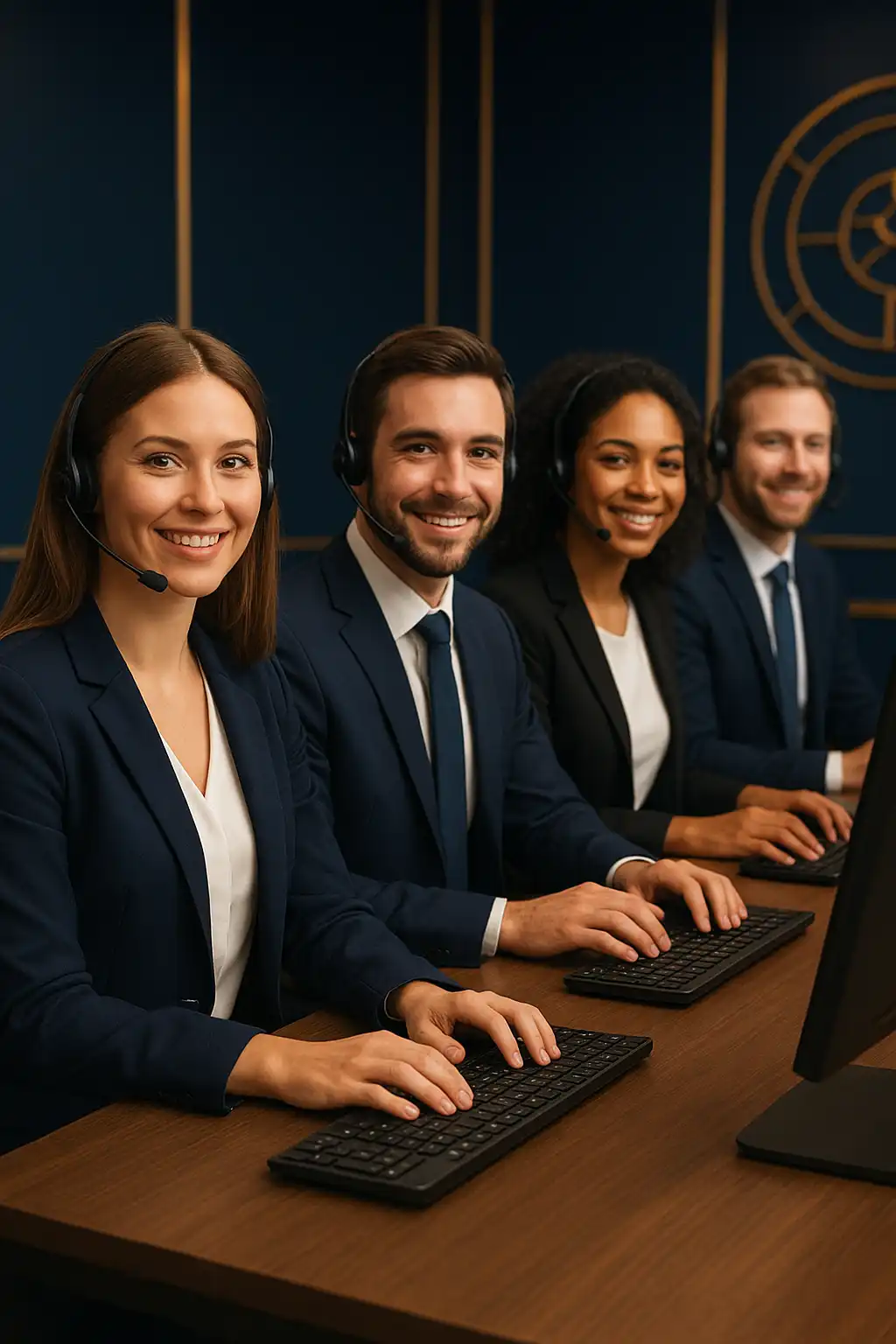 Professional casino support agents wearing headsets in a modern office